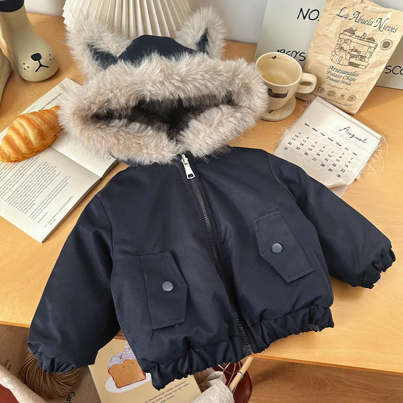 Children's Velvet Cotton-padded Clothes 2025 Winter New Hooded Furry Animal Boys Thick Cotton-padded Jacket