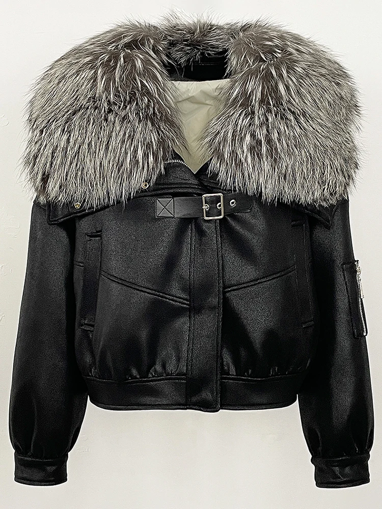 2025 جديد إمرأة كبير الطبيعية الثعلب الفراء طوق معطف سميك الملابس الشتوية رقيق سترة منفوخة الإناث قصيرة سترة من جلد الغزال سيدة #1