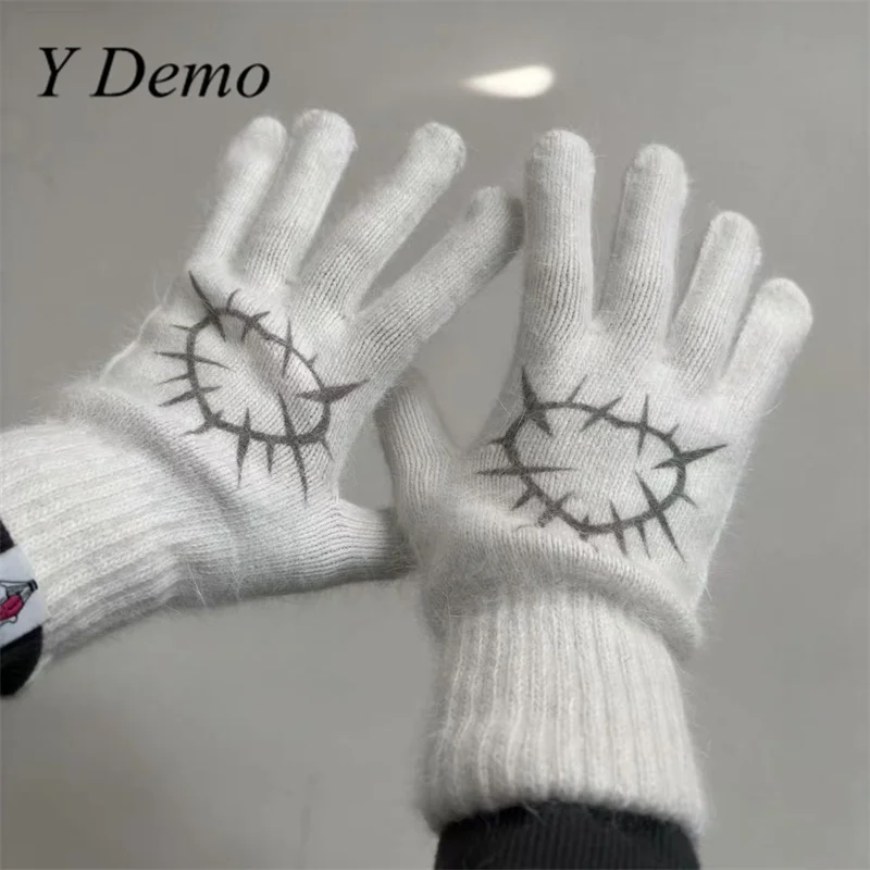 

Y Demo Punk Thron Heart Printing Женские вязаные перчатки с нечеткими пальцами Уличная одежда