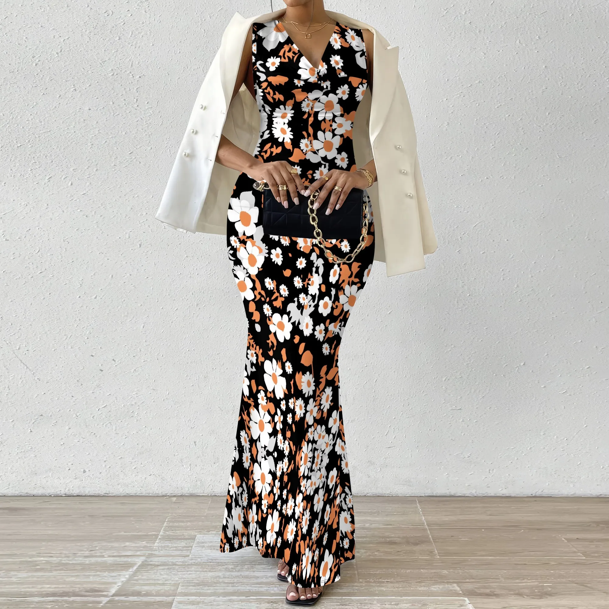 Vestido maxi feminino sem mangas com decote em V preto branco laranja margarida estampa floral elegante vestido bodycon