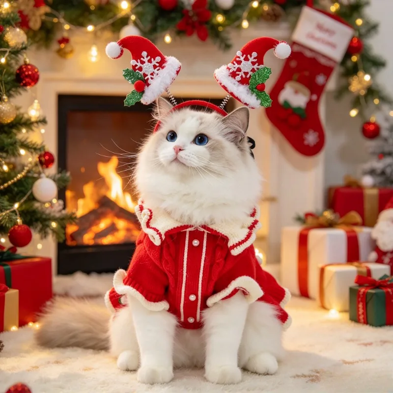 2PCS/SET Christmas Cat Dog Dress Matching Santa Hat Hair Accessory Cloth Material Christmas Cat Dog Dress Matching Santa Hat