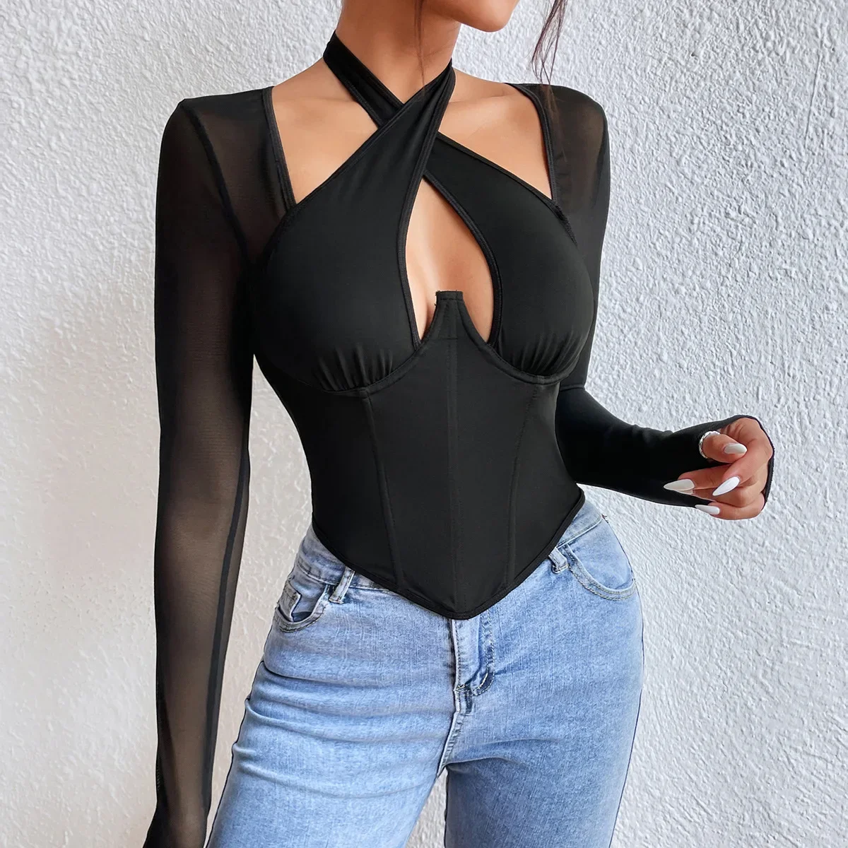 New Spicy girl cross necked low cut perspective long sleeved t-shirt steel ring fishbone waist tied Gothic top CYDZ9236