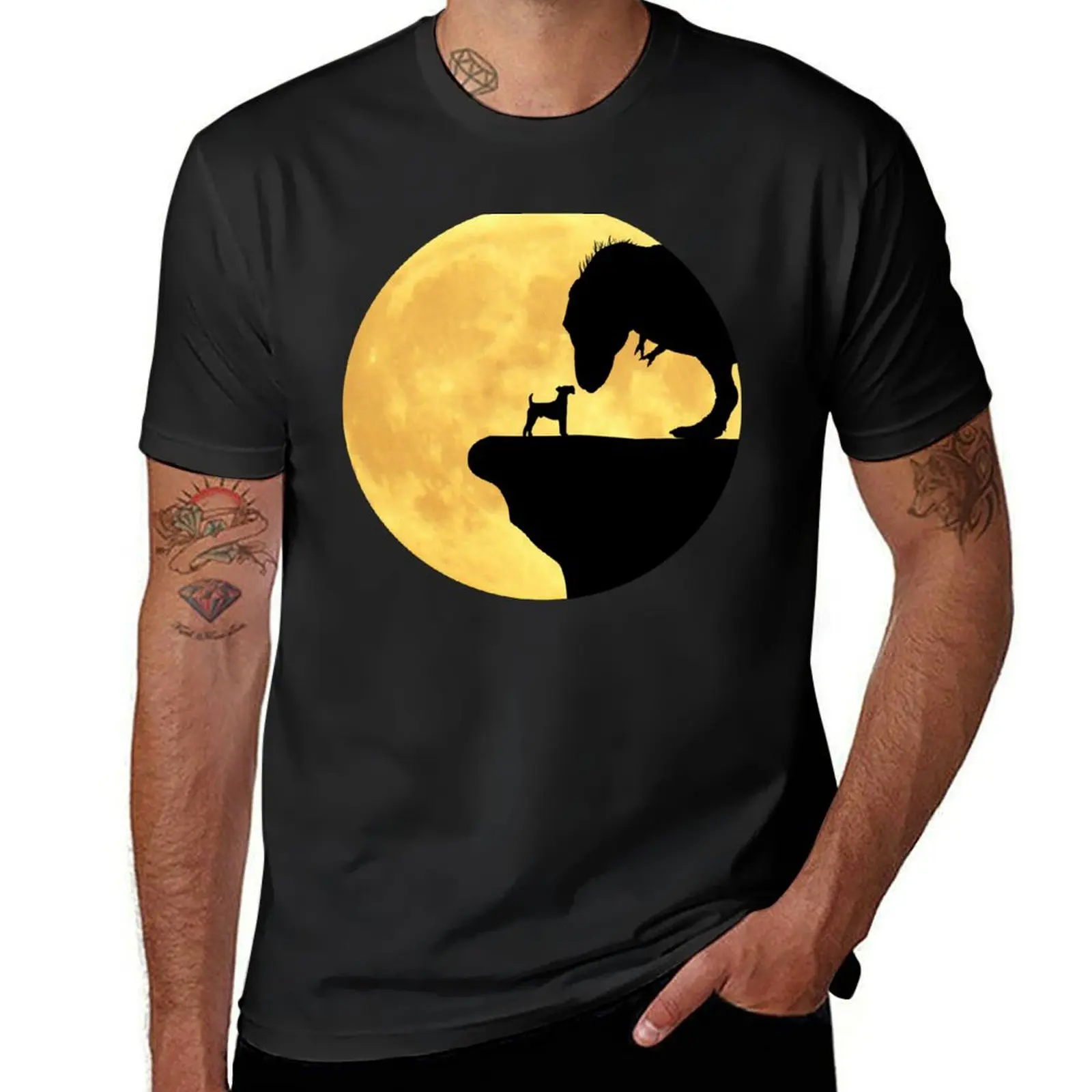 Irish Terrier Making Friends With A T-Rex In Front Of Yellow Moon T-Shirt summer clothes vintage summer tops Men's clothing