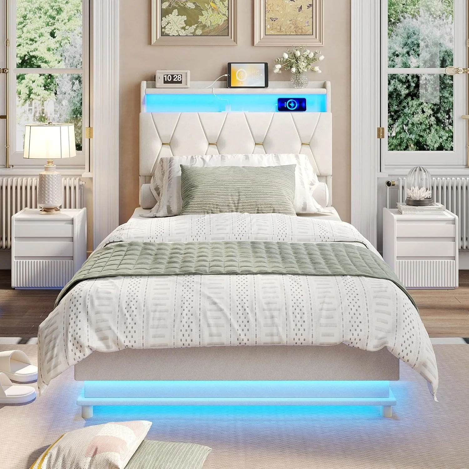 Twin Size Lift Up Bed Frame, Storage Headboard with Charging Station, LED Lights Upholstered Platform Bed, No Box Spring Needed image 2