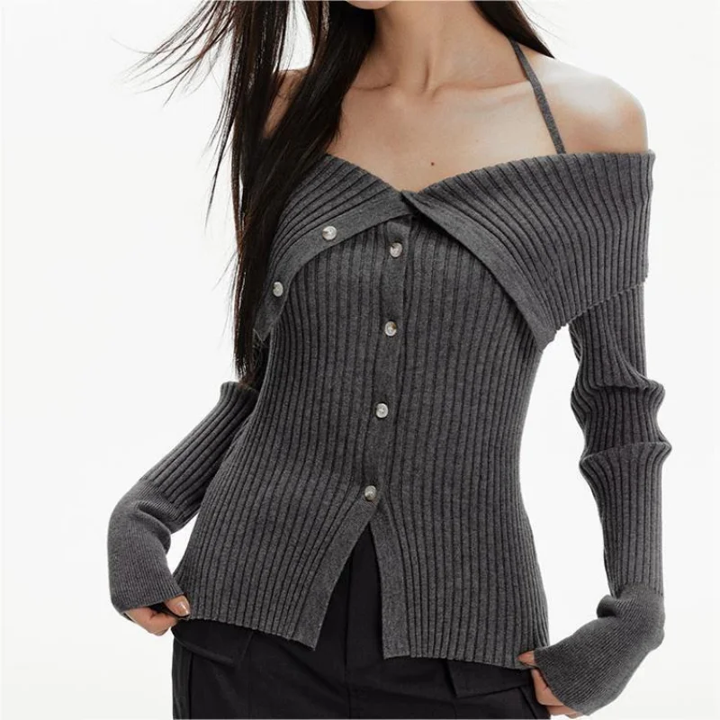 2026 Autumn New Solid Knit Cardigan Women Off Shoulder Halter Tie Single Button Long Sleeve Fashion Top
