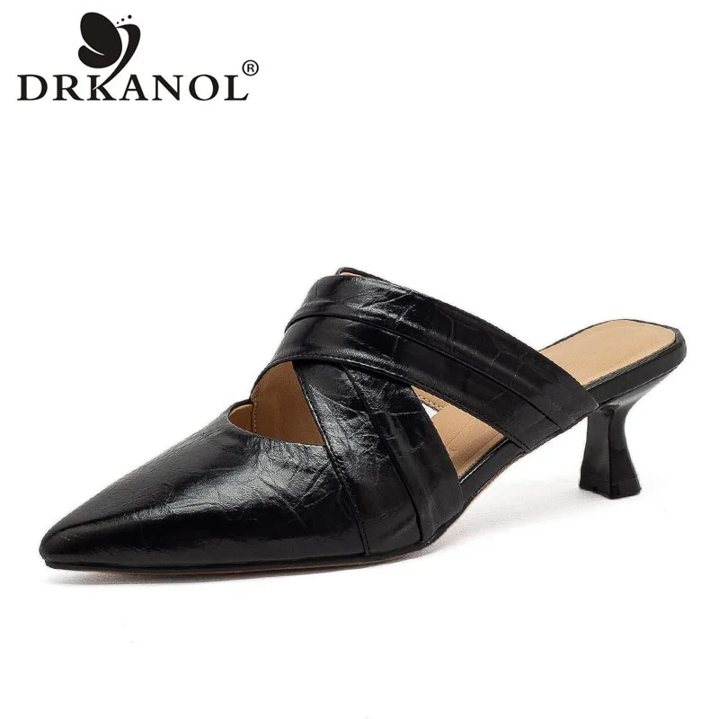DRKANOL New Design Temperament High Heel Slippers Women Summer Cross Genuine Leather Pointed Toe Slip On Outside Slides Shoes