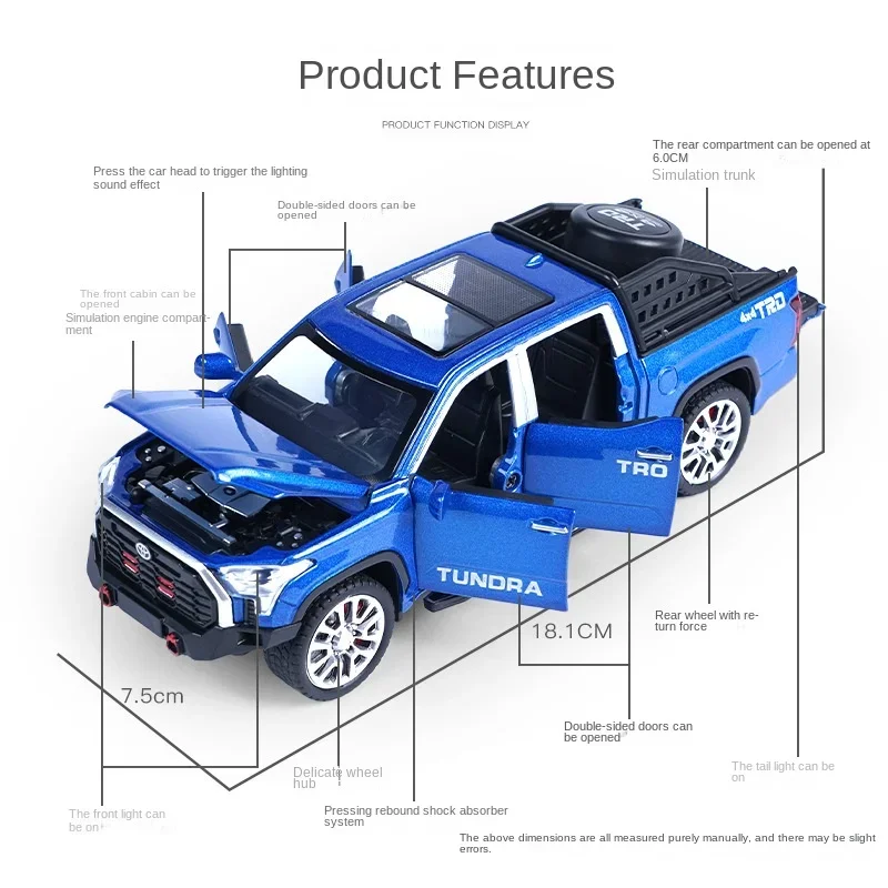 Diecast 1:32 Scale Toyota Tundra Pickup Car Model Alloy Toys Vehicles with Sound Light Pullback Kids Boys Gift Voiture Miniature