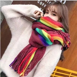 Female Rainbow Stripes Thickened Scarves Autumn Winter Air Conditioning Long Shawl Dual-use Imitation Cashmere Woolen Blankets