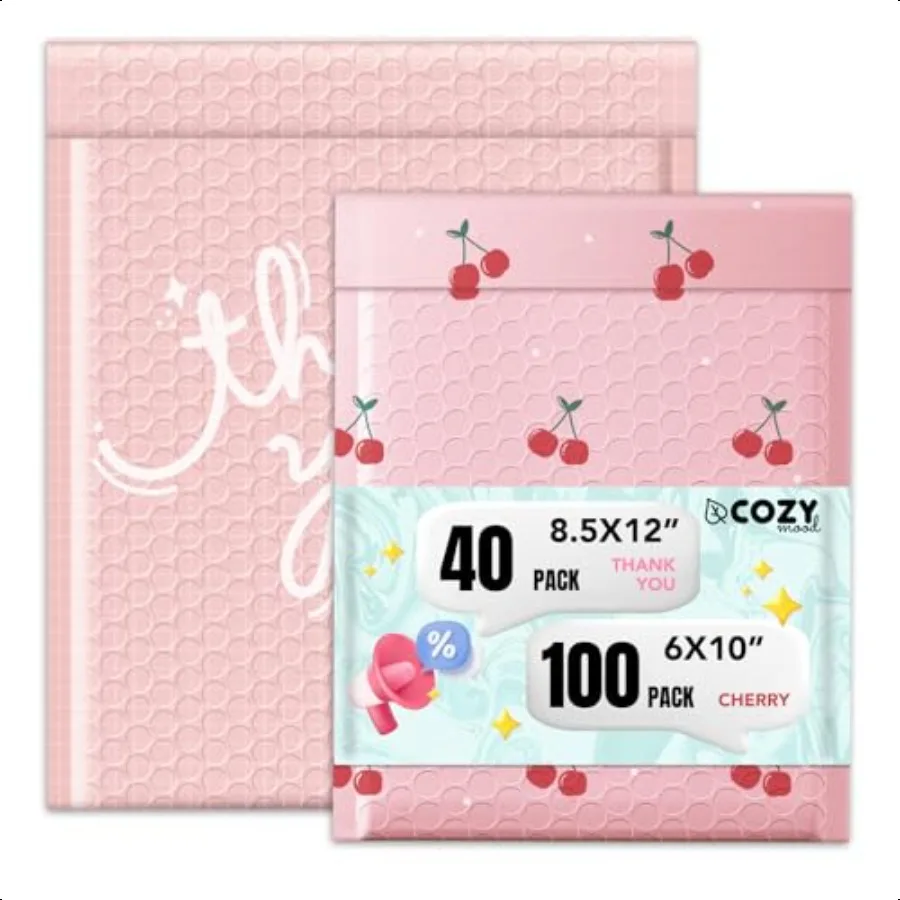 

Cute Bubble Mailers 6x10 Inch 100 Pack Cherry +Pretty Bubble Mailer 8.5x12 Inch 40 PackThank you Waterproof Padded Envelopes Se