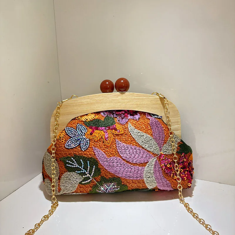 

Деревянная сумка через плечо с цветочными блестками и блестками, сумки через плечо с цветочной аппликацией для женщин, пляжная сумка с вышивкой в виде ракушки, тканая сумка