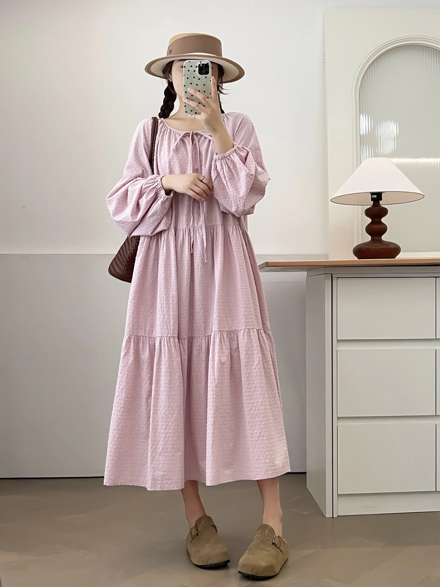 New 2025 Autumn Cotton Lantern Sleeve Dresses, Women O Neck Lace-up, Mori Girl Age Reduction Sweet Casual Loose Dress D58029CC