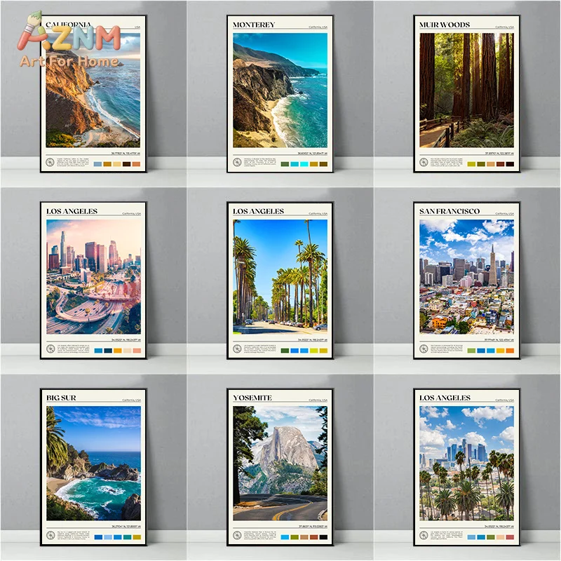 AZNM Frameless Canvas Poster California USA Travel Print, Los Angeles San Francisco Big Sur Yosemite Coastal Scenery Vintage Tou