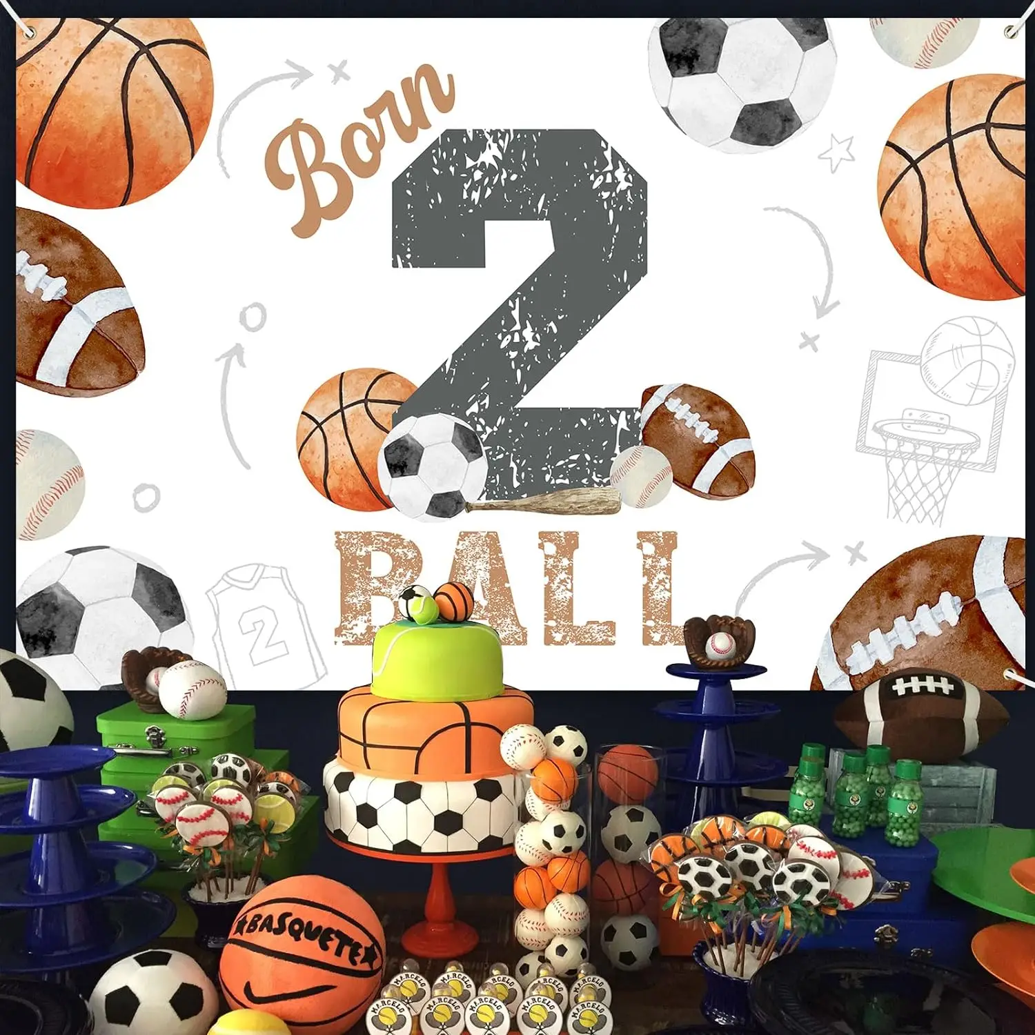 Born Two Ball Birthday Decor Sports Theme 2nd Birthday Born 2 Ball Birthday Backdrop Banner for 2 Years Old Basketball Decors