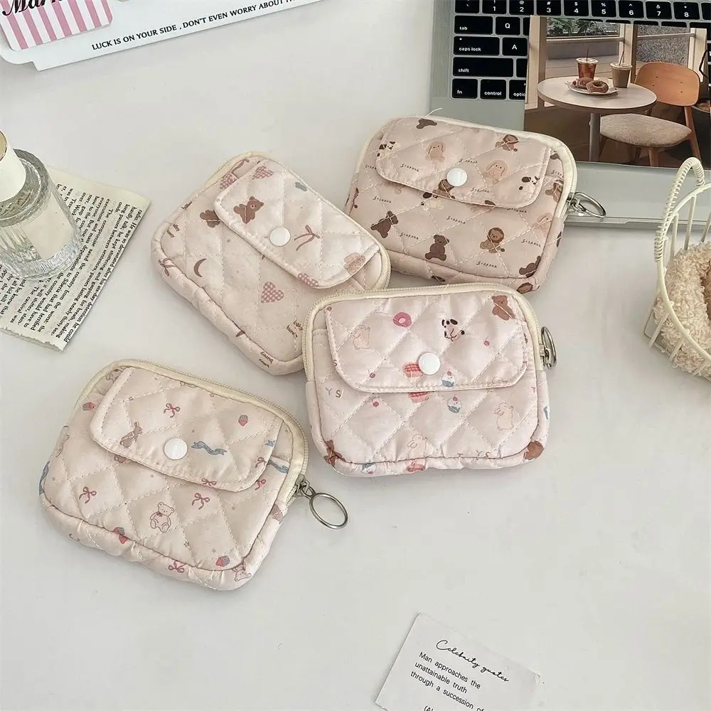 Portable Cartoon Coin Purse Floral Multifunctional Small Storage Pouch Quilted Cosmetic Bags for Women