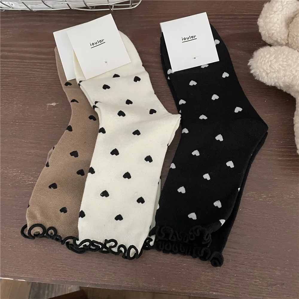 

New Heart Print Socks Women Lolita Sweet Girls Kawaii Cute Ruffles Socks Japanese Style Autumn Winter Vintage Cotton Long Socks
