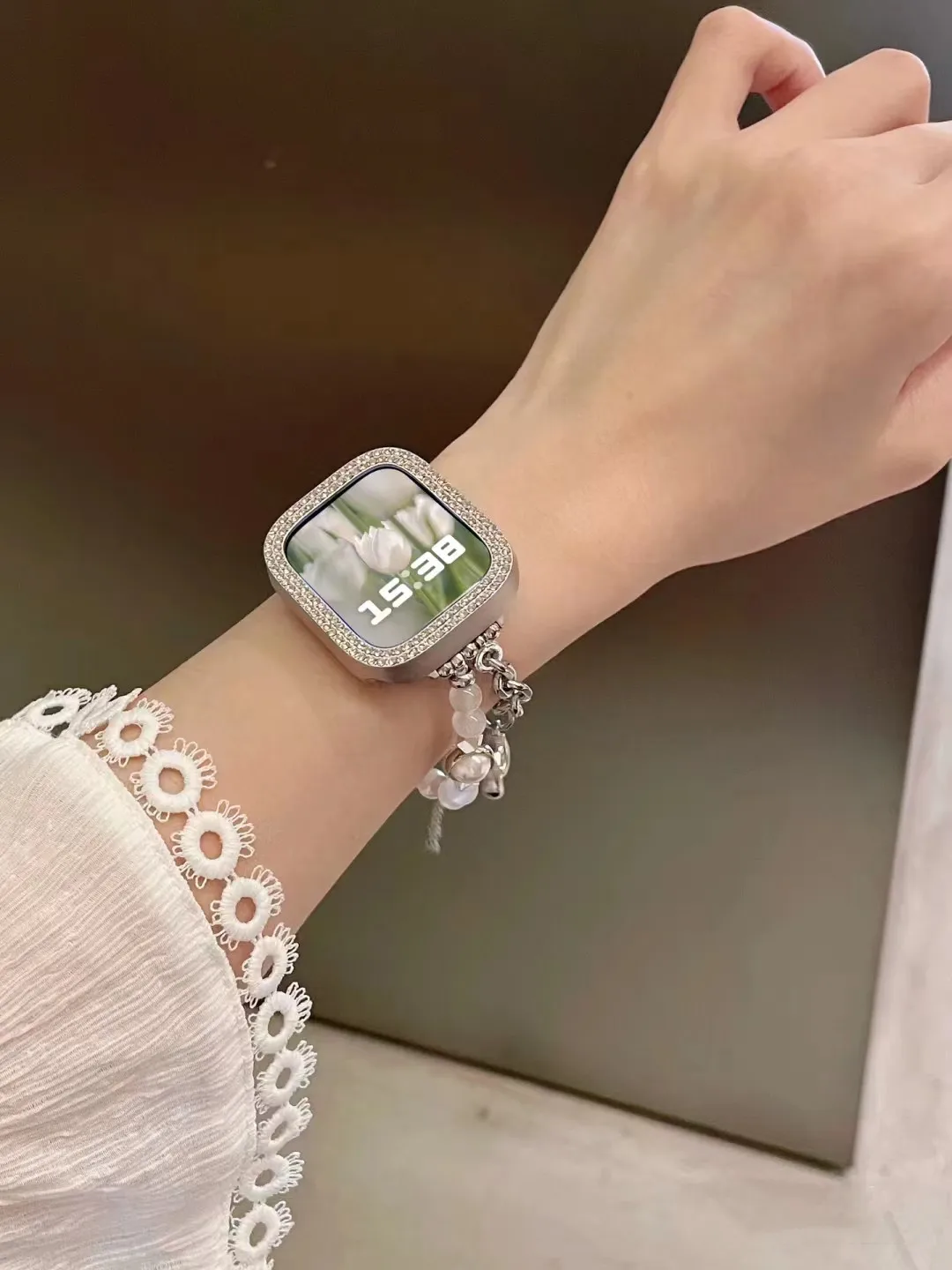 Tali jam tangan untuk iWatch, tali rantai mutiara untuk iWatch 42/38mm 49Ultra 41/45mm 8SE 7 6 5 4 3 2 1 perhiasan gelang wanita untuk iWatch 40/44mm