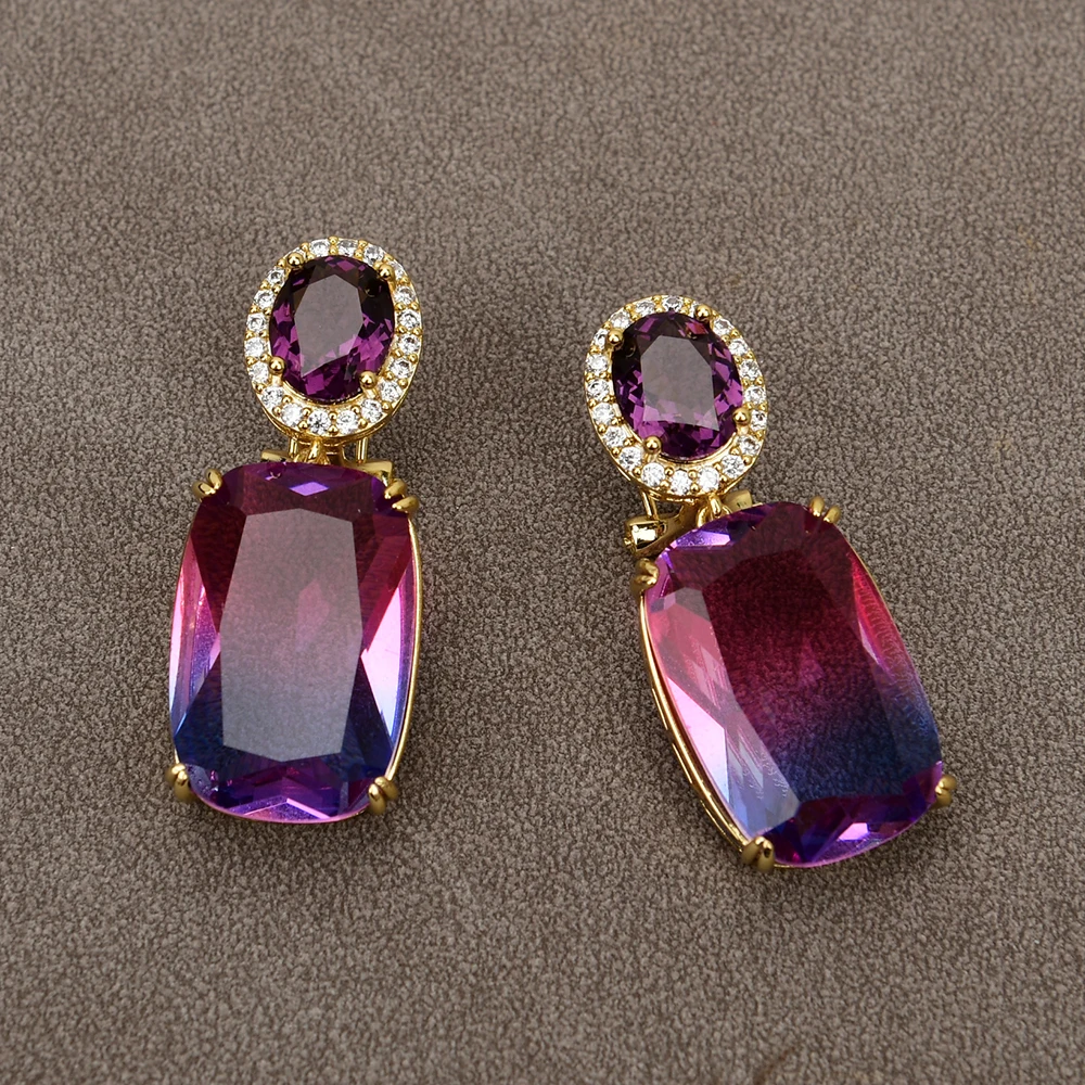 Natural Gradient Red Purple Crystal Rectangle Karat Gold Omega Zircon Stud Earrings Women Daily wear Jewelry