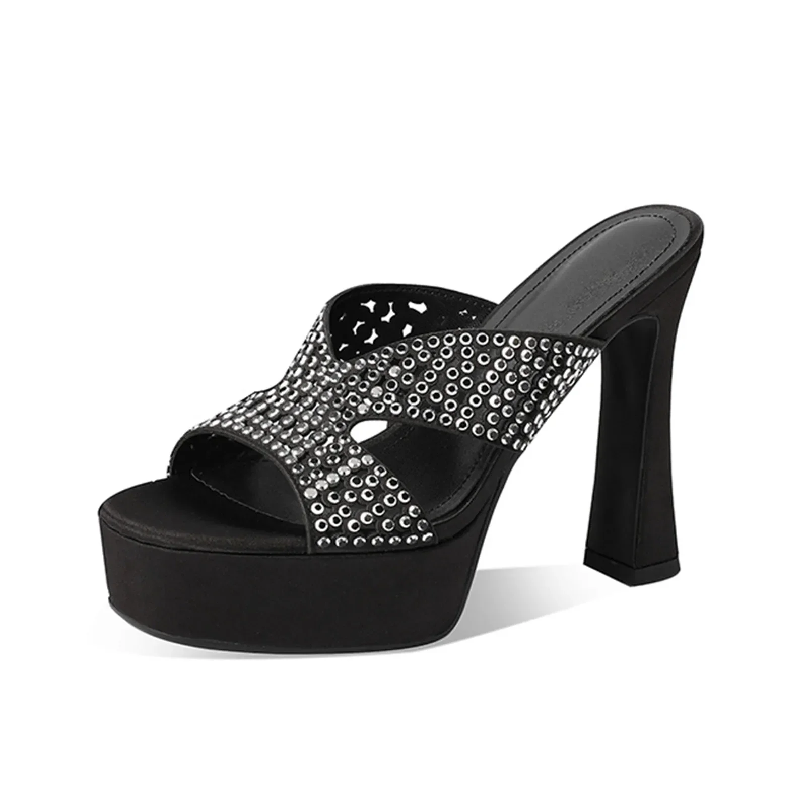 2025, Sommer-Plateau-Slipper aus Seide mit hohlem Peep-Toe, runder Zehenbereich, superhoher Absatz, Kristall-Dinner-Wort-Hausschuhe