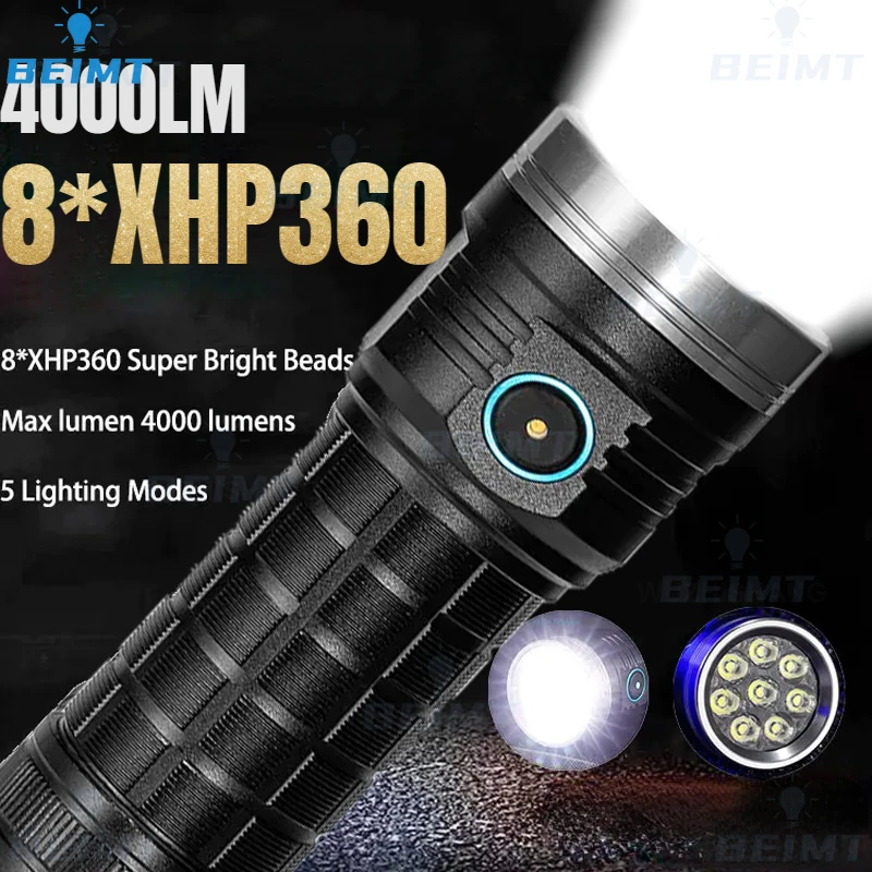 4000LM Super Bright 8*XHP360 LED Flashlight Outdoor Emergency Torch 5 Modes Rechargeable Hiking Camping Tactical Flashlight