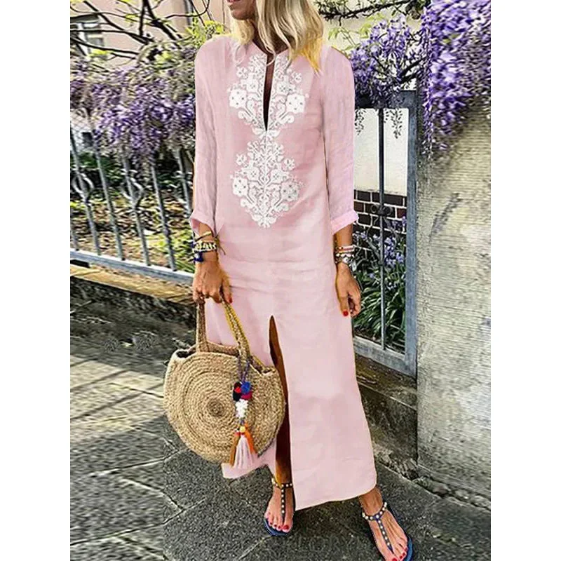 Cotton linen boho holiday dress women Spring casual African dashiki print front slit maxi tunic V neck dress