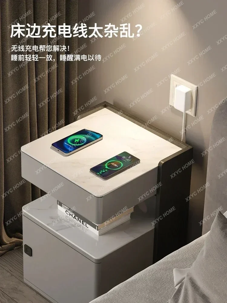 HHSmart Bedside Table Fingerprint Lock Safe Box Integrated Home Wireless Charging Ultra Narrow Bedside Cabinet