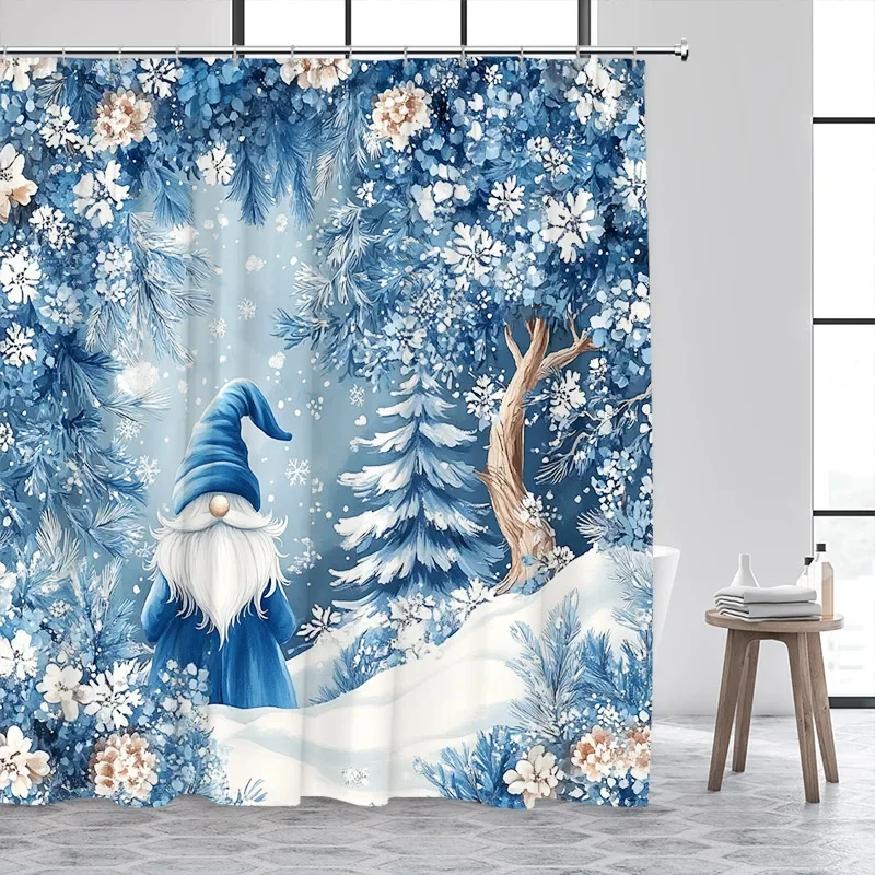 Cute Santa Claus Shower Curtain Winter Watercolour Blue Floral Forest Plant Snowflake Christmas Bath Curtain Home Bathroom Decor