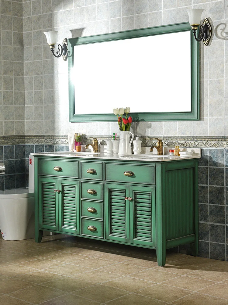 

American solid wood bathroom cabinet combination floor-to-ceiling retro green washbasin toilet basin