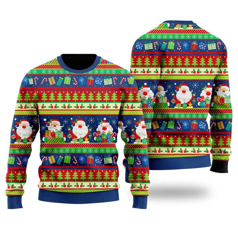 Cartoon Santa Claus Christmas Sweater Men 3D Printed Snowman Xmas Sweatshirt New Year Long Sleeves Pullovers Christmas Tops