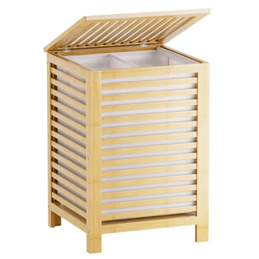 

Двойная корзина для белья с крышкой, 120 л, бамбуковая корзина для белья со съемным вкладышем, 2-секционный разделитель для одежды, сортировщик для белья