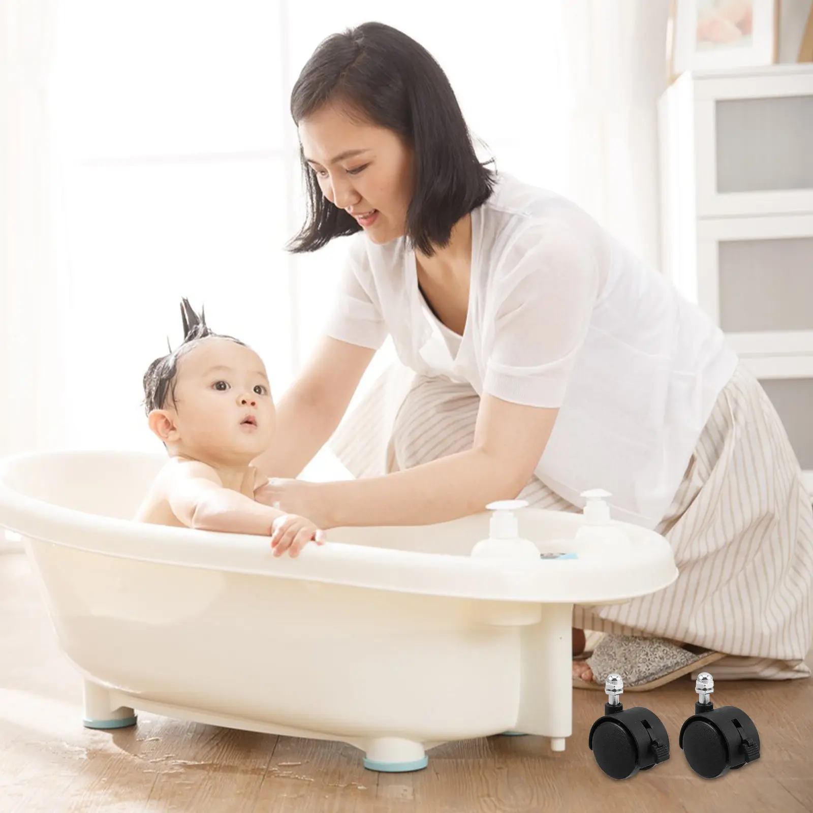 2Pcs Plastic Swivel Caster Wheels with Brake for Baby Chairs Universal Fit Baby Bath Seats Replacement Wheel Set Stable Non-Slip