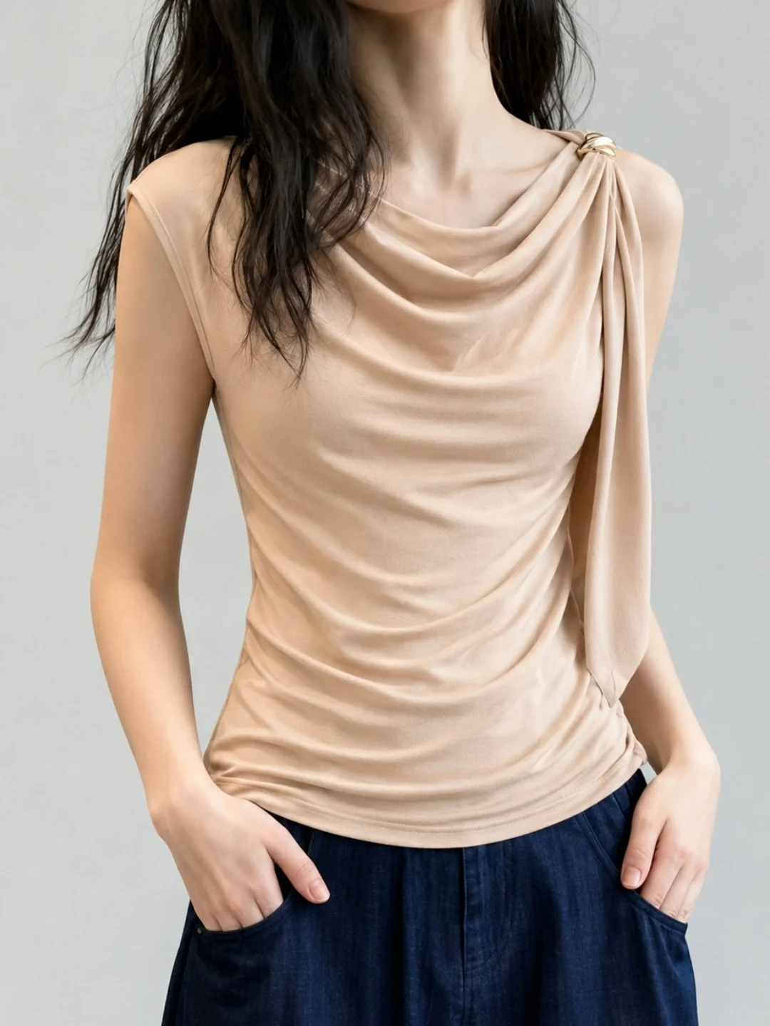 

Sexy Slimming Woven Tank Top Sleeveless Summer Bottoming Shirt Anti-Aging Elegant Collar Flounce Women's plus Size Inner Wear