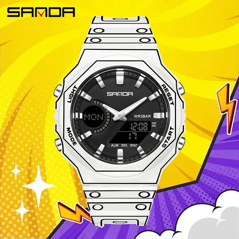 SANDA Double Display Comic Wind Multifunctional Octagonal Three-dimensional Student Electronic Watch Daylight Sleepy Time Watch