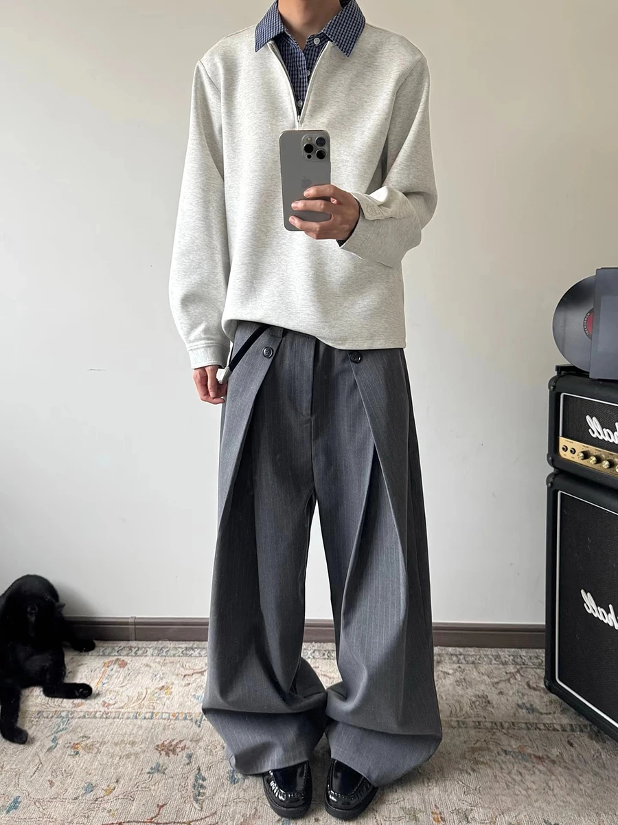 REDDACHiC الرجال سروال فستان مخطط جيوب الطيات منخفضة الخصر كلينفيت واسعة الساق دعوى بنطلون الترفيه العمل قيعان للجنسين عادية #4