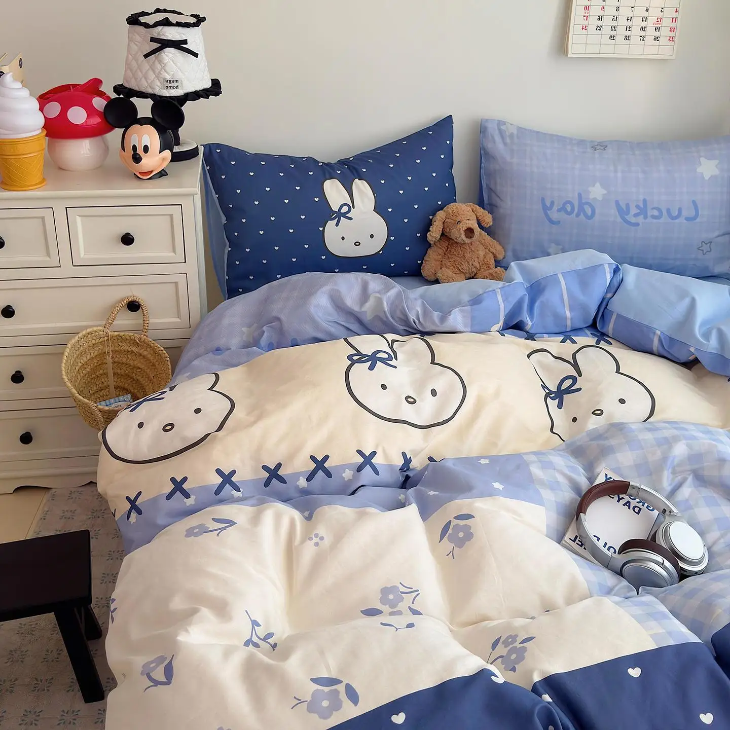 Cute Miffy 100% Cotton Pure Cotton Four Piece Set Light Blue Quilt Cover Bed Sheets Fitted Sheet Four Seasons Bedding Good Looks