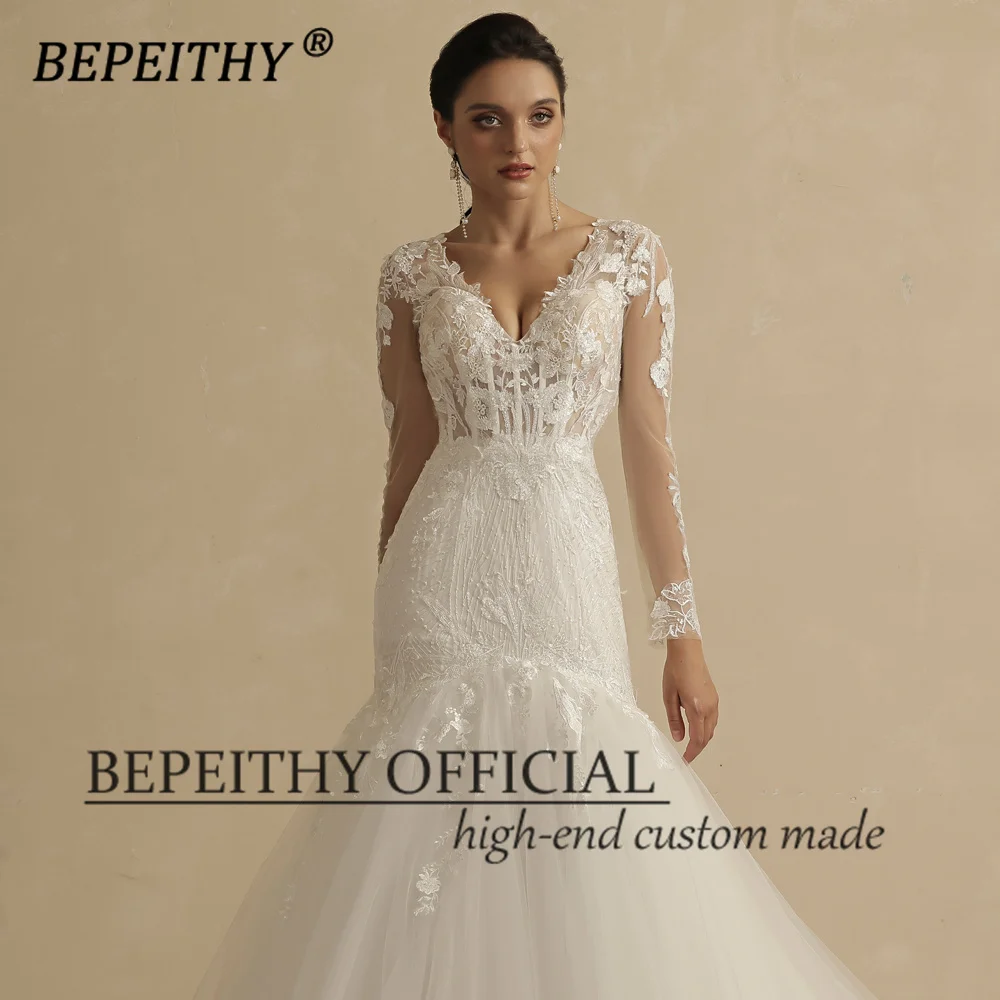 BEPEITHY Customized Vintage V Neck Trumpet Wedding Dresses For Women 2022 Full Sleeves Court Train Lace Boho Bride Bridal Gown