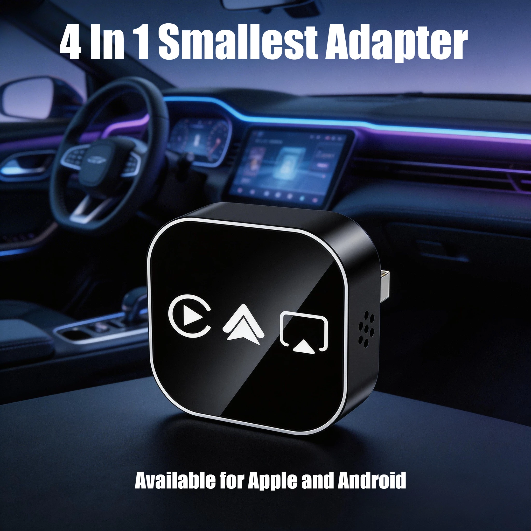 Adaptador Inalámbrico Carplay para Apple Airplay, Caja 4 en 1, Sistema Inteligente para Auto con IA, Conexión Automática Plug and Play, Car Play 2026