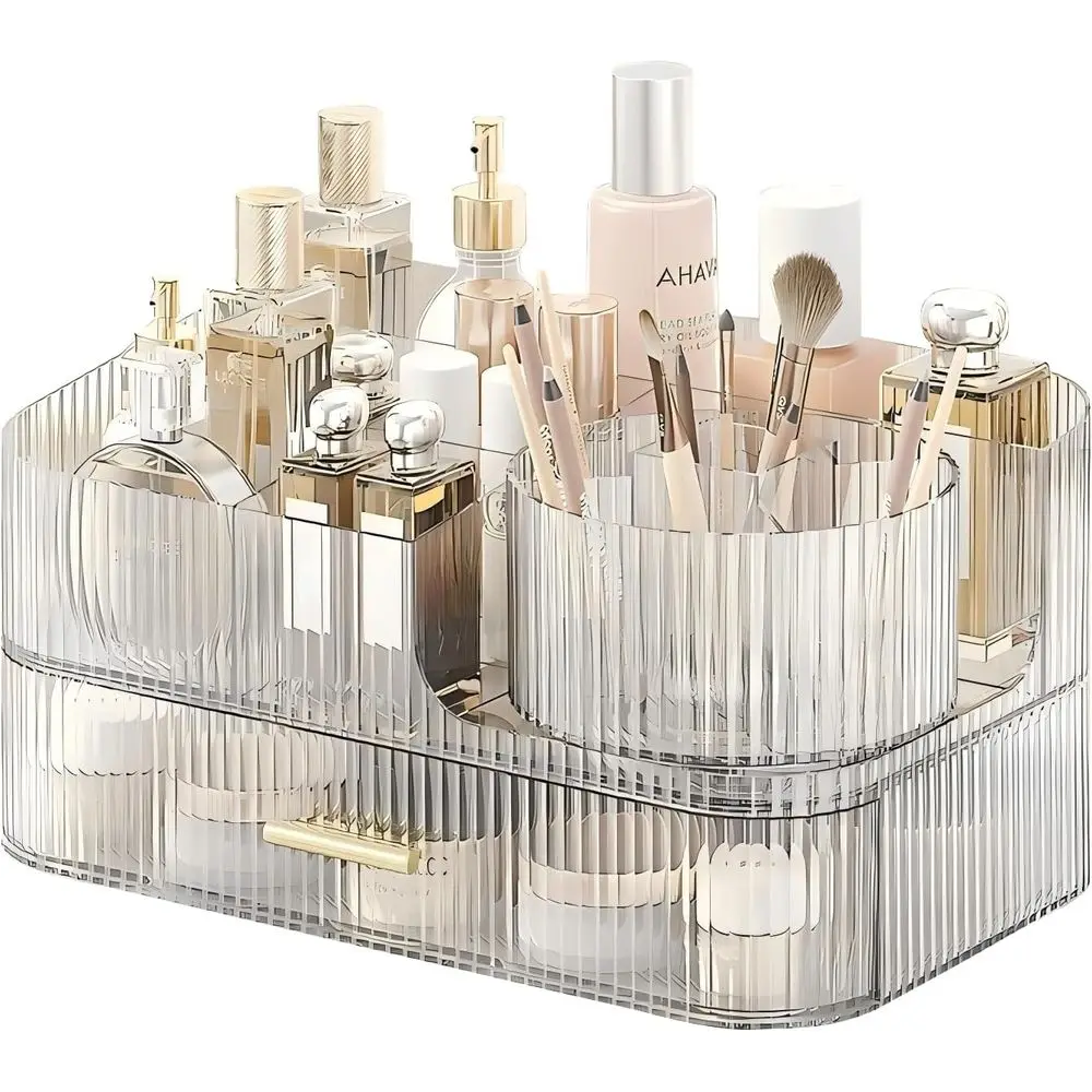 

Makeup Organizer with Drawers and Rotating Makeup Brush Holder,Large Capacity Stackable Cosmetic Organizer Countertop,Bathroom O