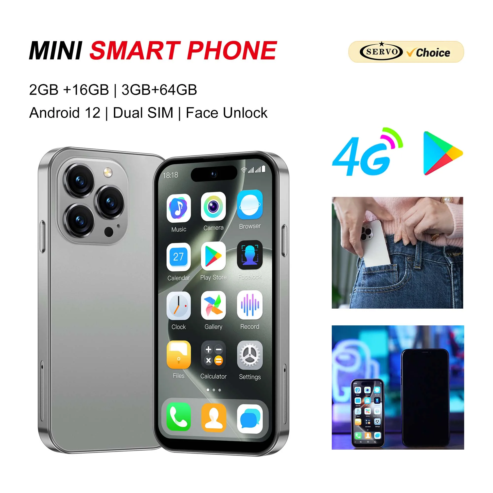 SERVO S16 MINI Android Pocket Smartphone 4G LTE 16GB/64GB Play Store WiFi Hotspot GPS Dual SIM 3.9