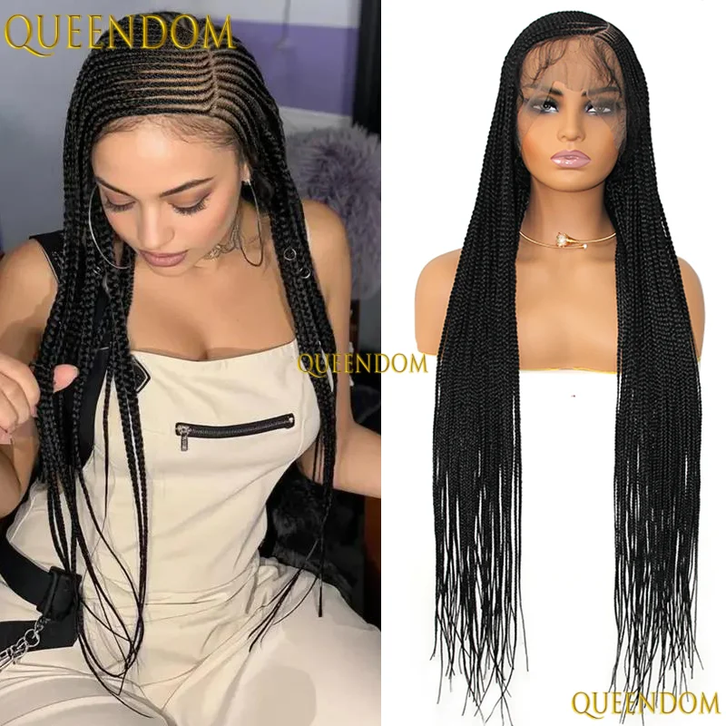 Wig Kepang Kotak Tanpa Simpul 36'' Sintetis, Wig Full Lace HD dengan Belahan Samping untuk Wanita Kulit Hitam, Kepang Cornrow Pirang