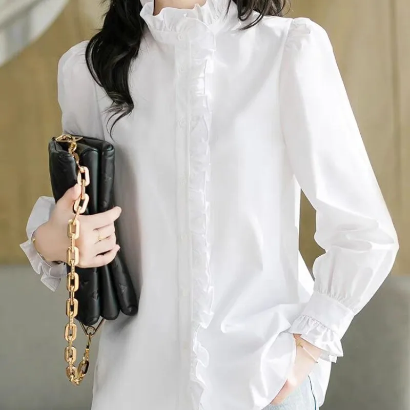 Fashion Elegant Casual Solid Color Ear Edge Shirt 2025 New Spring and Autumn Stand Collar Patched Button Long Sleeve Ruffle Edge 4