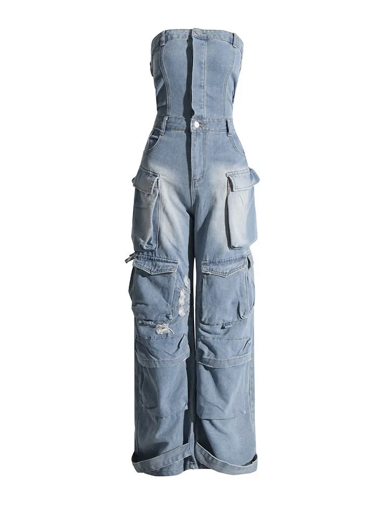 KBQ Spliced Pockets Streetwear Denim Jumpsuits For Women Slash Neck Sleeveless High Waist Casual Slim Jumpsuit Female Fashion