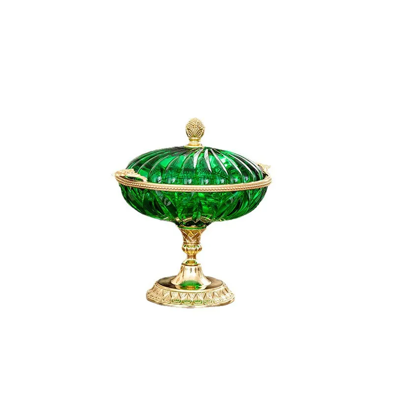 

Green Candy Jar Brass Tall Fruit Snacks Lid Plate Fruit Basket