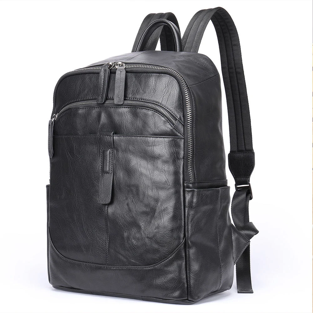 Black Leather Men Backpack Genuine Leather Travel Bag Casual Daypack Fashion Leather School Bags Large Laptop Bag Soft Skin 14\