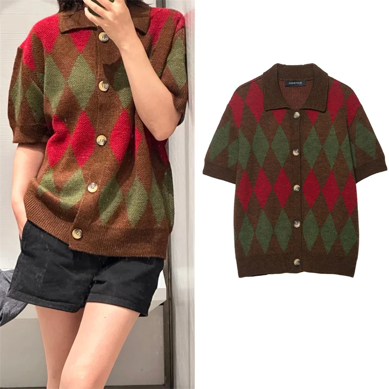 

Women's Cardigan New Style for Autumn 2025 Color-block Diamond-pattern Short Sleeve Polo Collar Knitted Cardigan Jacket Casual