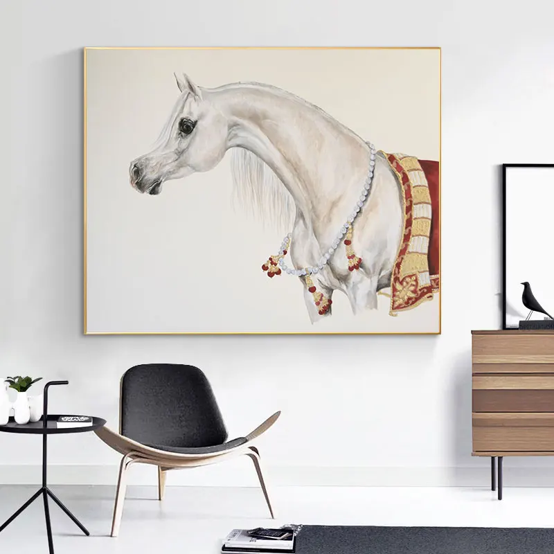 Pintura de Caballo Árabe, Caballos de Lujo Blancos, Láminas y Pósters de Animales en Lienzo para Sala de Estar, Decoración de Estudio, Arte de Pared, Sin Marco