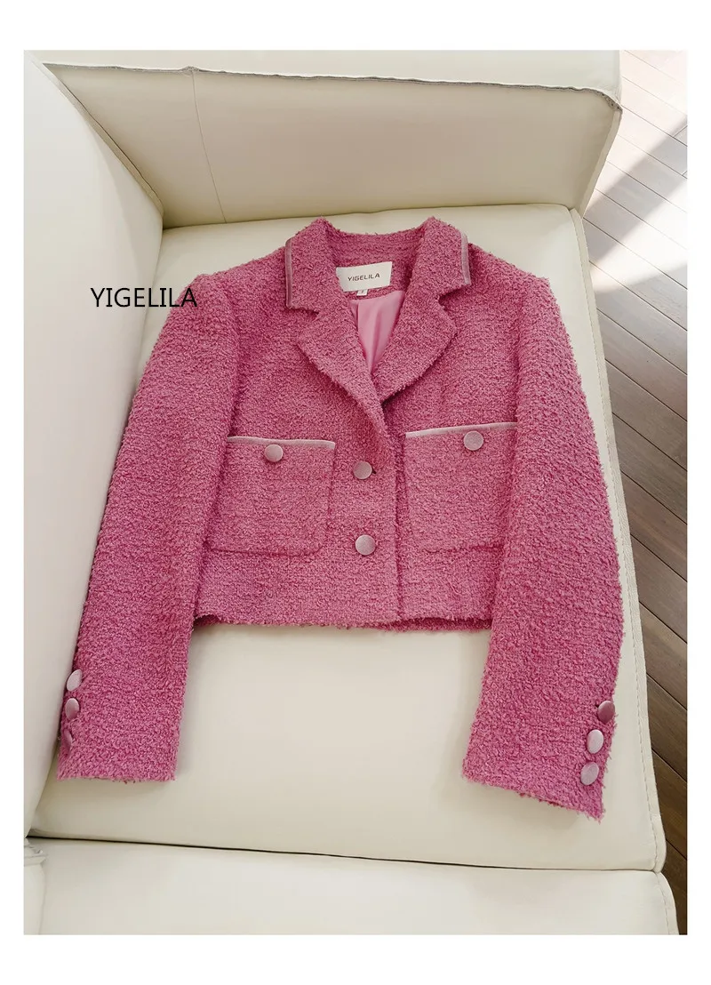 YEGELILA Women Tweed Coat 2025 Spring Ladies Short Outerwear Rose Red Tweed Outwear Noble Elegant Top Quality Female New Arrival