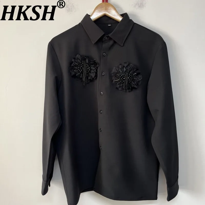 HKSH Spring Autumn New Men Dark Style Beaded Flower Simple Versatile Niche Design Shirt Trendy Personality Fashion Tops HK16913