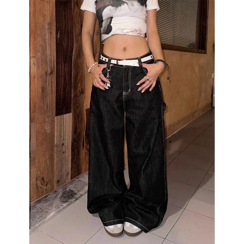 2025 Autumn Women Vintage Y2K 2000s High Waist Jeans Korean Oversize Fashion Loose Casual Black Wide Leg Pants Lady Streetwears