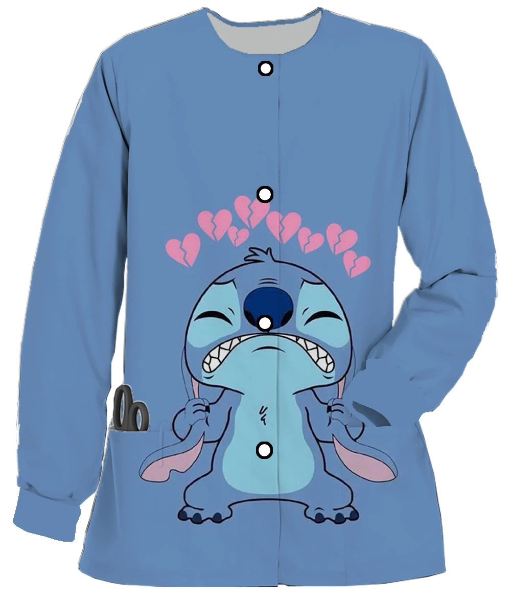 치과 의사 작업복 디즈니 스티치 만화 프린트 가을, 겨울 여성 더블 포켓 긴 소매 작업복 간호사 자켓