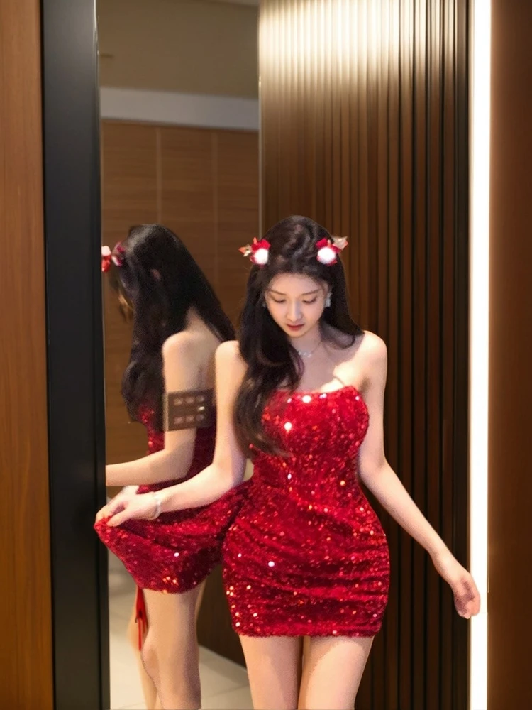 

Red Sequin Tube Top Velvet Dr Sexy Waist Cinched Birthday Cisas Par Women's Autumn Winter High Waist Wrap Bustle Skirt
